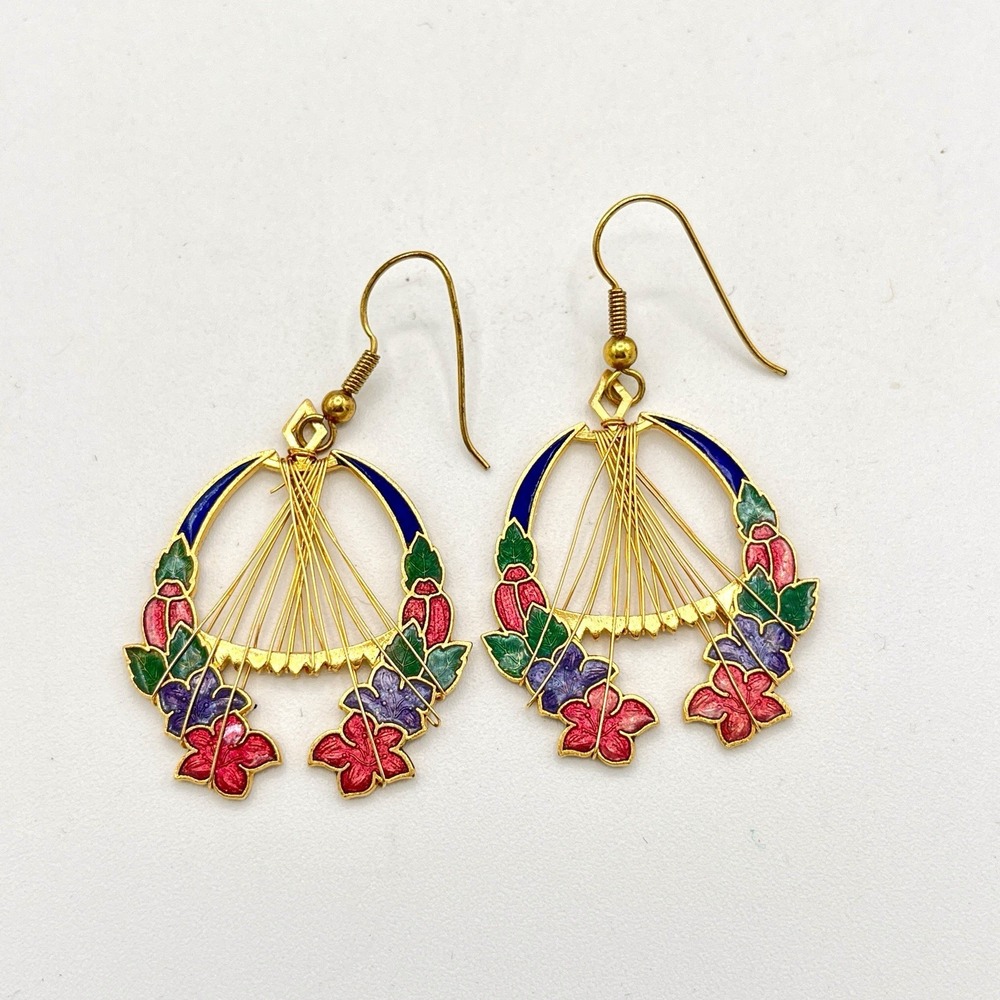 Vintage Enamel Cloisonne‎ Flower Floral Gold Drop Earrings Pink Purple Green